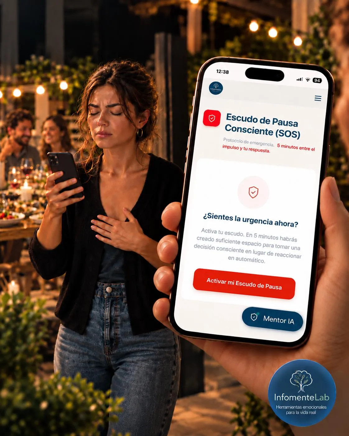Mujer utiliza el Escudo de Pausa Consciente en su teléfono.