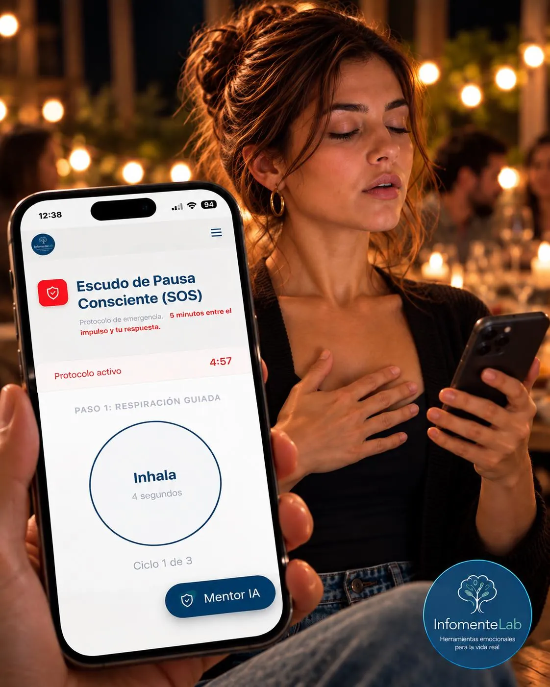 Escudo de Pausa Consciente con respiración guiada en un teléfono.